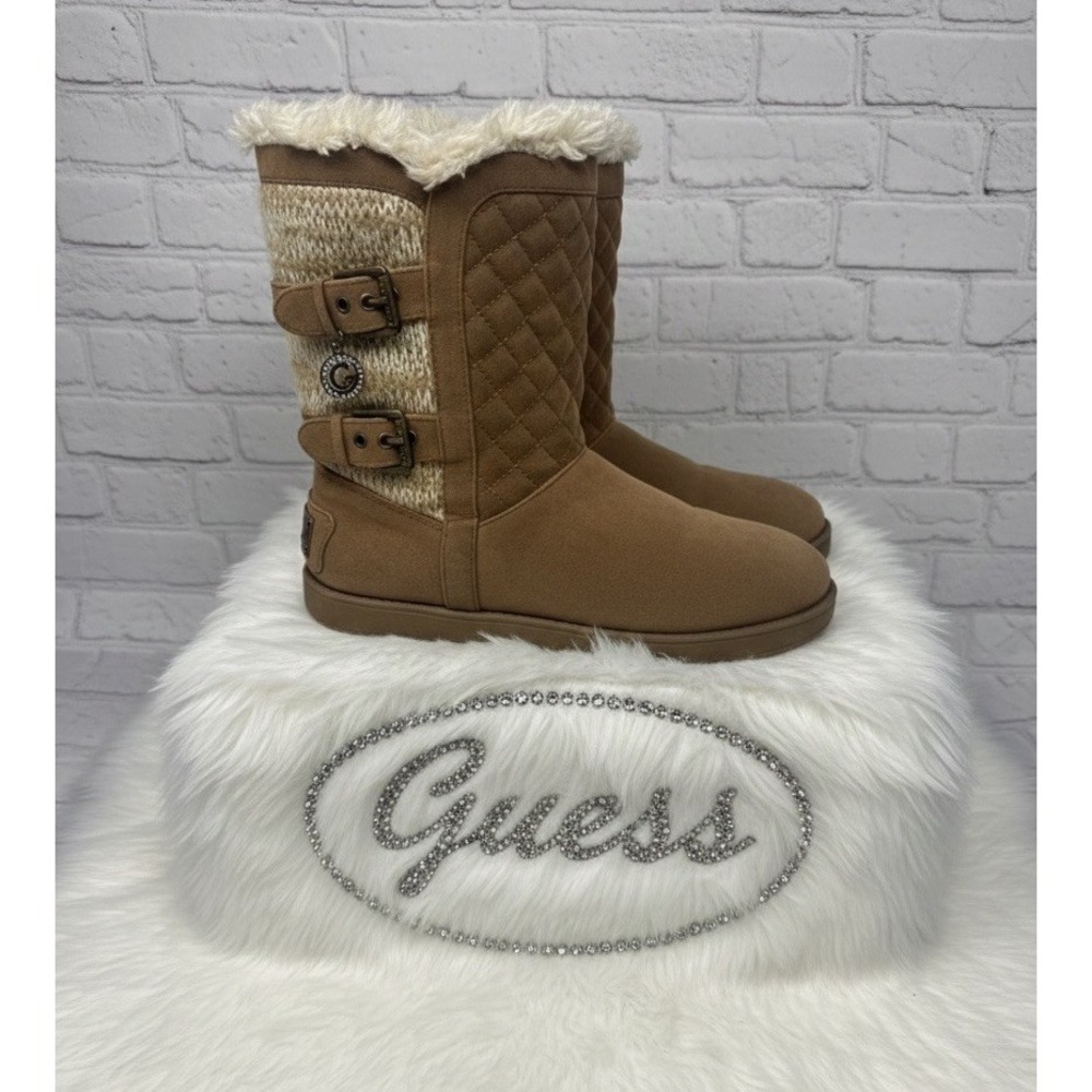 🔥Guess‎ 🤎Quilted Knit Fur Y2k Cuff Mid-Calf Bling 💎Boots Buckle  'G' Charm -8
